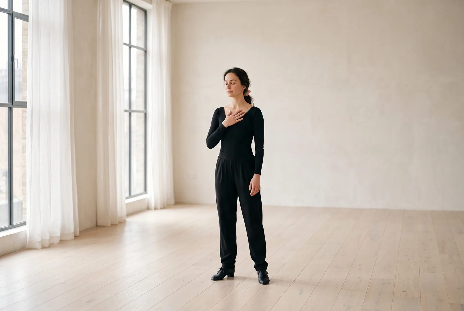 A dancer standing still in an empty studio, one hand on her chest, eyes closed.