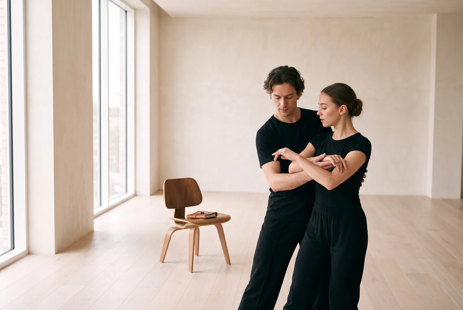 A couple trying a new arm line together, a notebook on a chair beside them.