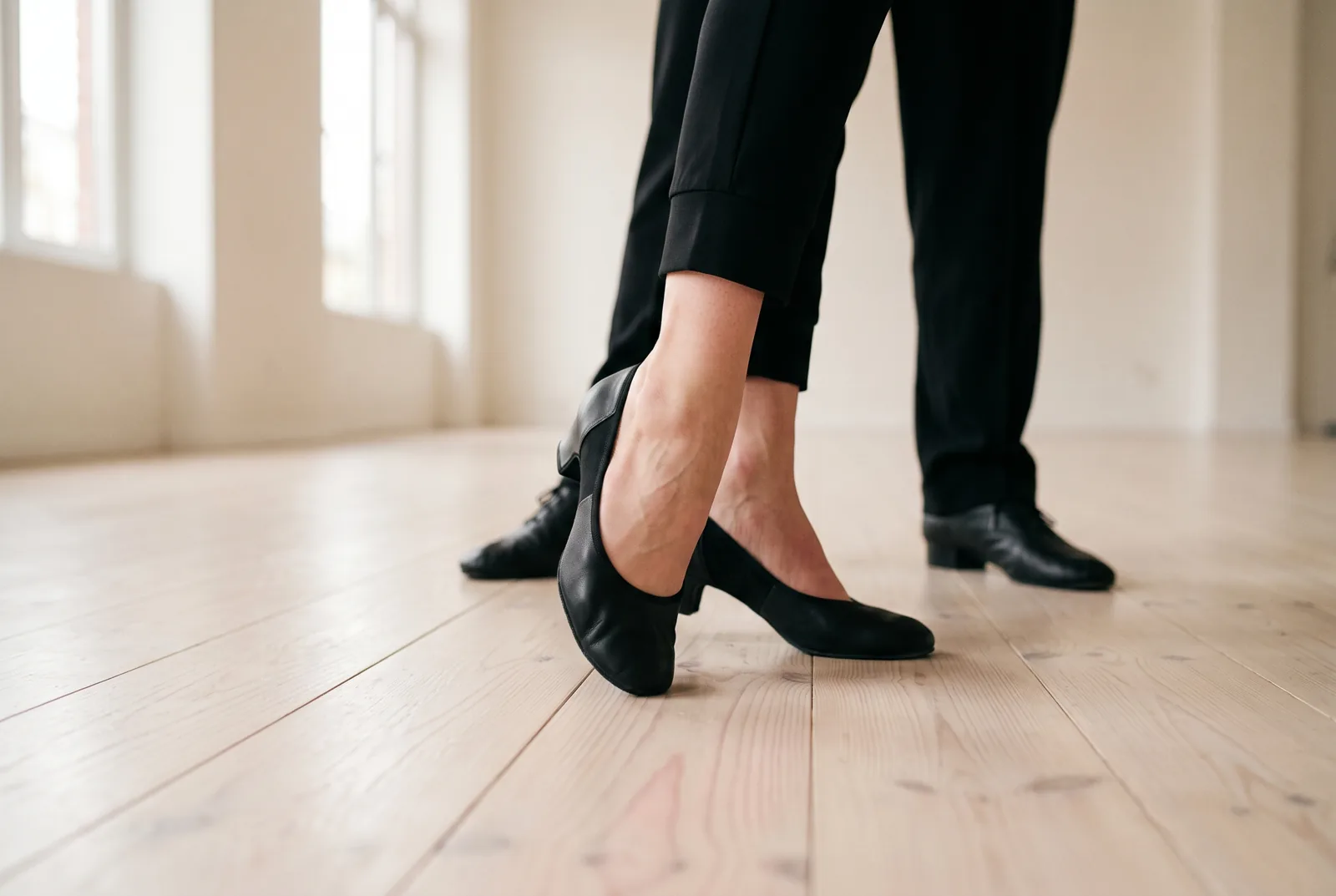 Two dancers' feet on a wooden floor, weight shifting onto the standing leg.