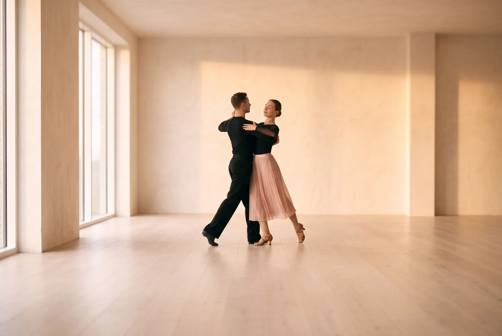 A couple dancing a slow waltz in a wide, sunlit studio, seen from a distance.